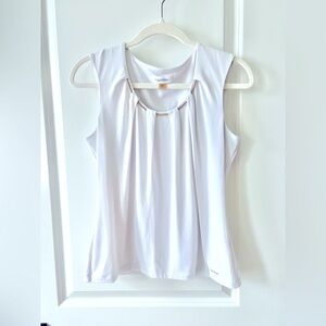 Calvin Klein White Pleated Crew Neck Business Professional Tank w/ Gold Detail
